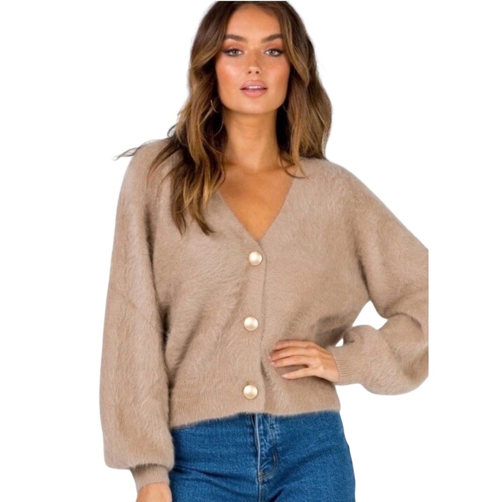 Princess Polly Merlo Wool Blend Cardigan Tan Sz S/M Balloon Sleeve V-Neck